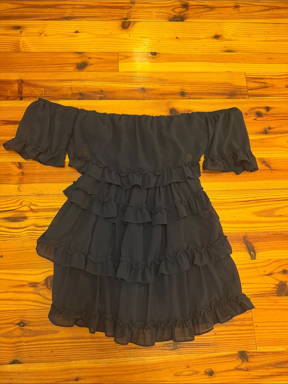 The Impeccable Pig Black Off-Shoulder Ruffle Tiered Dress- Navy